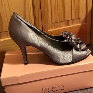Pewter Ruffle Open Toe Heels
